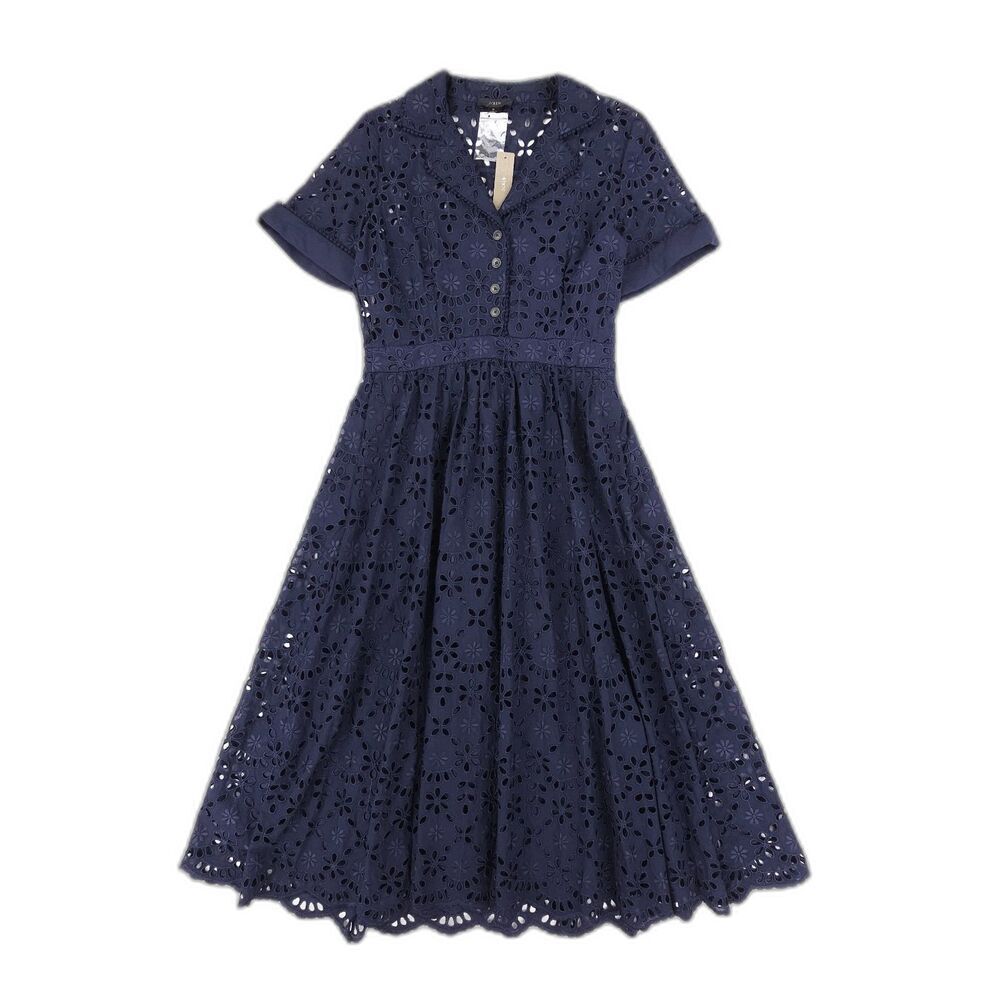 NWT J Crew Short-sleeve A-line dress embroidered eyelet Navy Old Money Preppy 6